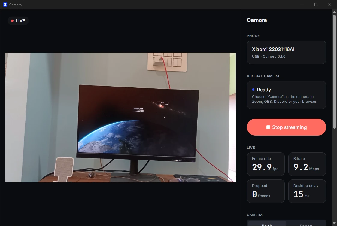 Camora on the computer, streaming: the live picture from the phone, 29.9 frames per second, no dropped frames
