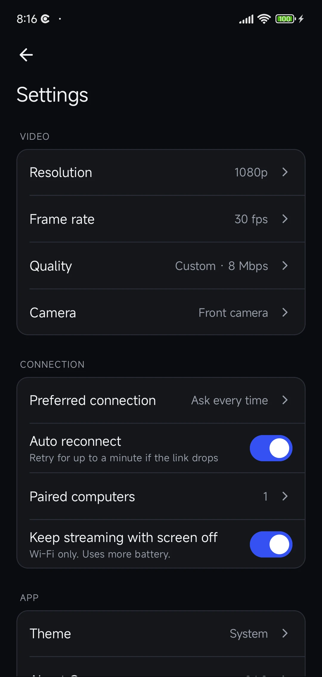 Camora's settings on the phone: resolution 1080p, 30 fps, quality, camera